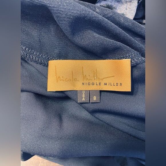 NICOLE MILLER Long Sleeve Dress w/Ruched Metallic Skirt Sheer Back Navy Sz. 8 - Picture 6 of 6